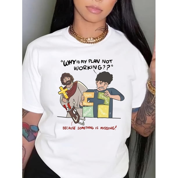 Camiseta De Verano Para Mujer, Camisetas Suaves De Verano Para Mochilero, Viajes En La CalleWomen'S Faith-Inspired Polyester T-Shirt, Casual Crew Neck Short Sleeve with Jesus & Cross Print, Knit Fab