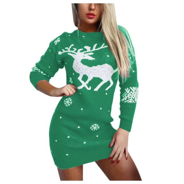 Robe Chandail de Noël à Col Rond Élan Flocon de Neige pour Femmes