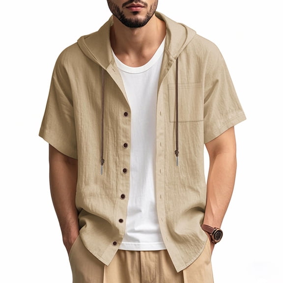 Miqool Mens Cotton Linen Shirts with Hood, Casual Short Sleeve Button Down Shirts Lightweight Hoodies Summer Beach Tops with Pocket