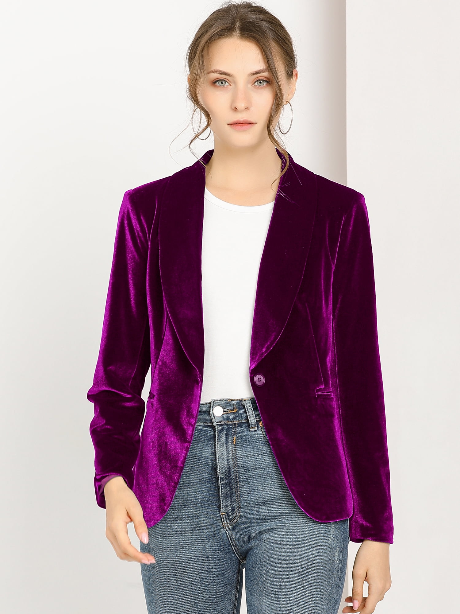 DARING DIVA Women's Velvet Office Coat Solid Shawl Collar Blazer XL Violet Purple