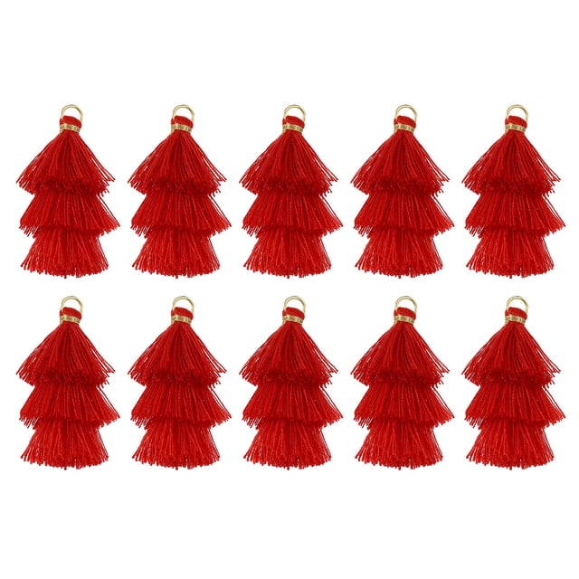 10Pcs Mini Borlas Tri-Layered de 1.6" Charm de Bolsa Bohemio para Proyectos DIY (Rojo)