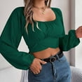 thumbnail image 6 of HAPIMO Women's Slim Chiffon Shirts Vacation Fashion Workout Cropped Tops Casual Elegant Square Neck Pleated Pullovers Lantern Sleeve Business Tees Outfits Green L, 6 of 8