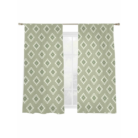 Classic Green Pattern Sheer Curtains 63 Inch Long 2 Panels, Abstract Tribal Aztec Western Light Filtering Rod Pocket Semi Sheer Curtains, Sheer Voile Drapes for Living Room Bedroom, 52"x63"