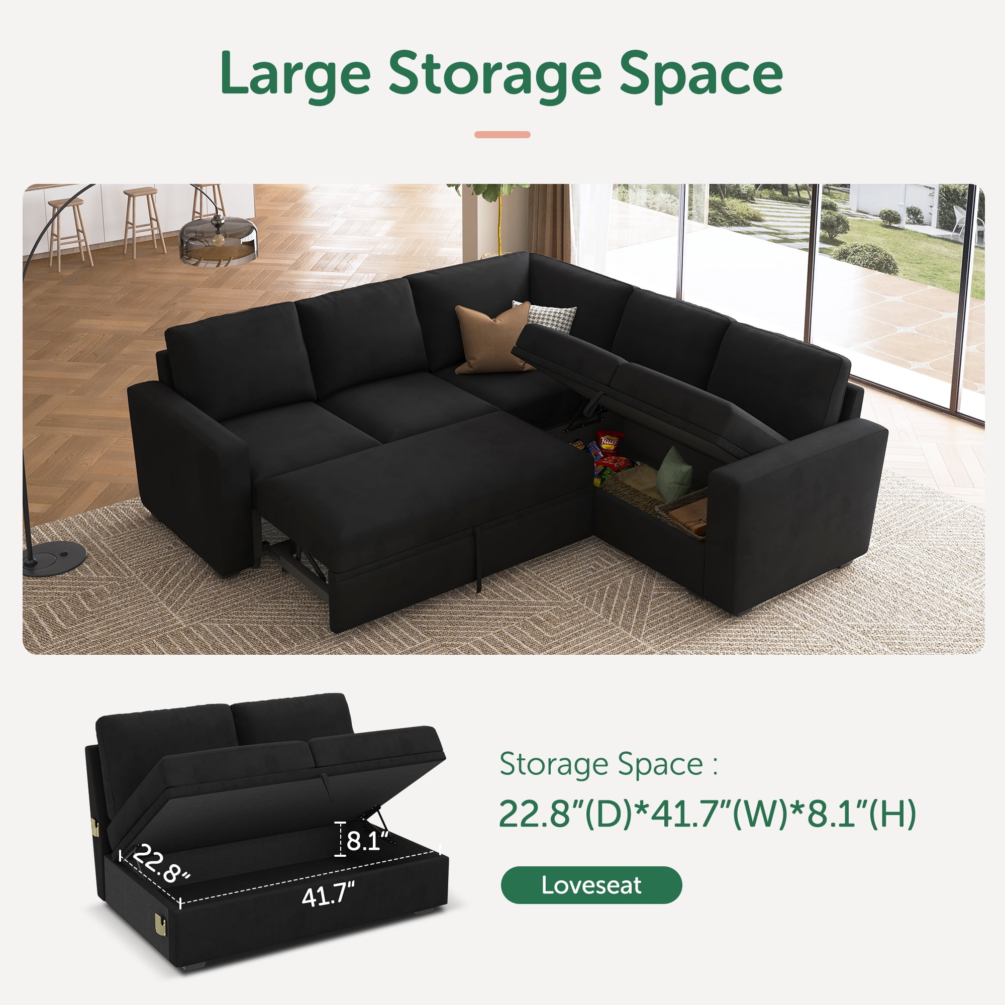 Marrber Convertible Linen Upholstered Sectional Sofa Sleeper Pull-Out Sofa Bed with Storage for Living Room Furniture Sets, Velvet Black