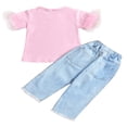 thumbnail image 3 of Kids Girls Clothes Outfit Short Sleeve Solid Color Mesh Splicing Top + Ripped Long Denim Pants, 3 of 9