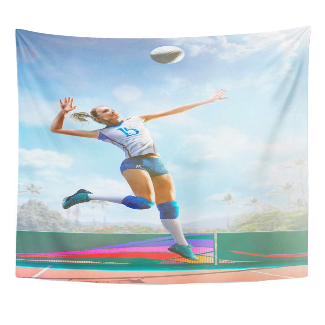 POGLIP Active Ball Professional Volleyball Player in Action on The Court Volley Activity Wall Art Hanging Tapestry Home Decor for Living Room Bedroom