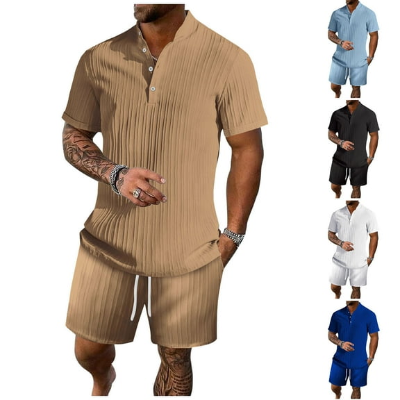 ZZwxWA Men's 2 Pieces Set Short Sleeve Textured Henley Shirt and Shorts Sets Summer Beach Yoga Matching Outfits Tracksuit up to 65% Off