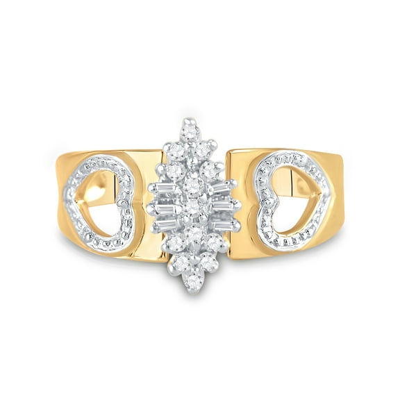 10K Yellow Gold Womens Round Diamond Double Heart Cluster Ring 1/8 Cttw, Womens Size: 5-10