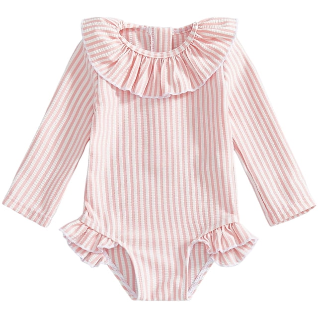 Zanarzt Baby Rash Guard Toddler Girls Seersucker Long Sleeve Rash Guard Swimsuit with UPF 50+ Sun Pink,4-5 Years