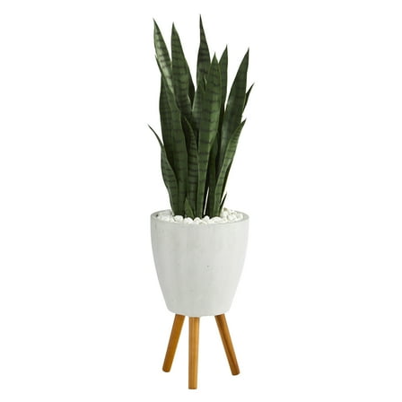 Nearly Natural 4' Sansevieria Artificial Plant in White Planter with Stand, Green