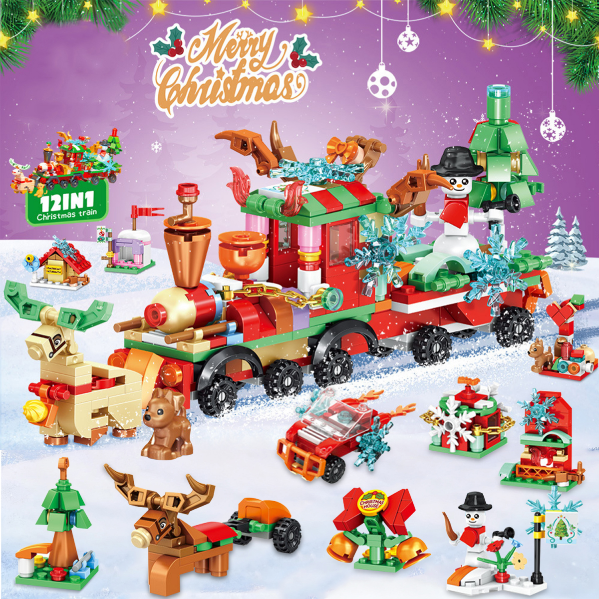 12-in-1 Christmas Train Building Block Set for Adults, 300Pieces Mini Building Blocks with Reindeer & Snowman for Kids Christmas Birthday Gifts