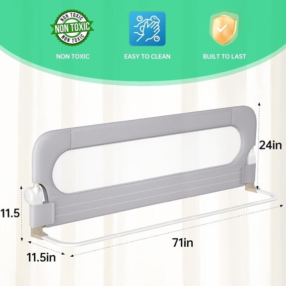 Folding Bed Rail for Toddlers with Reinforced Anchor Safety System 71x23.6 Inch