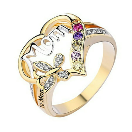 SHOPFIVE Beautiful Fashion Heart Shaped Love Mum Ring Two Tone Gold Silver Mom Character Diamond Jewelry Family Birthday Best Gift For Mothers Day Mummy Party Band Rings Size
