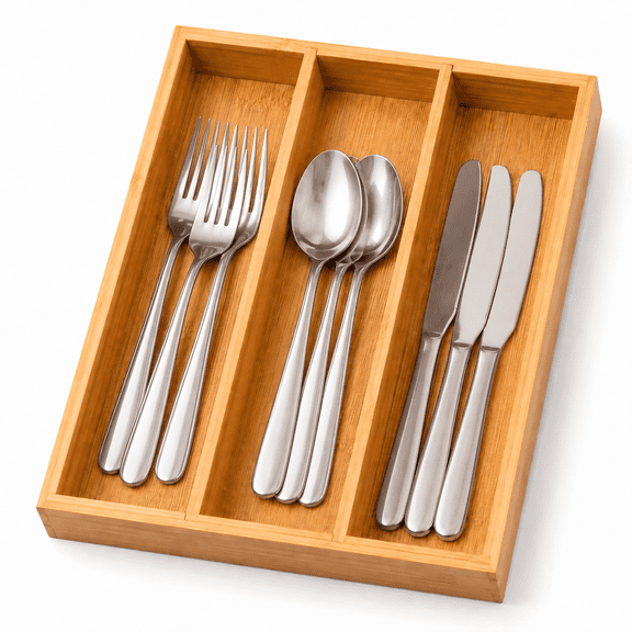 Linqz 3 Slots Bamboo Silverware Organizer, Natural Bamboo Drawer Organizer Tray, Kitchen Flatware & Utensil Storage Tray, Cutlery Organizer for Kitchen Drawers