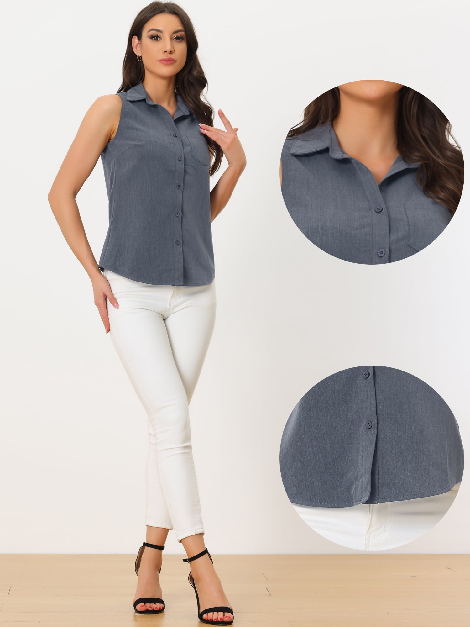 DARING DIVA Women's Sleeveless Lapel V Neck Chambray Tunic Denim Tops M Dark Blue