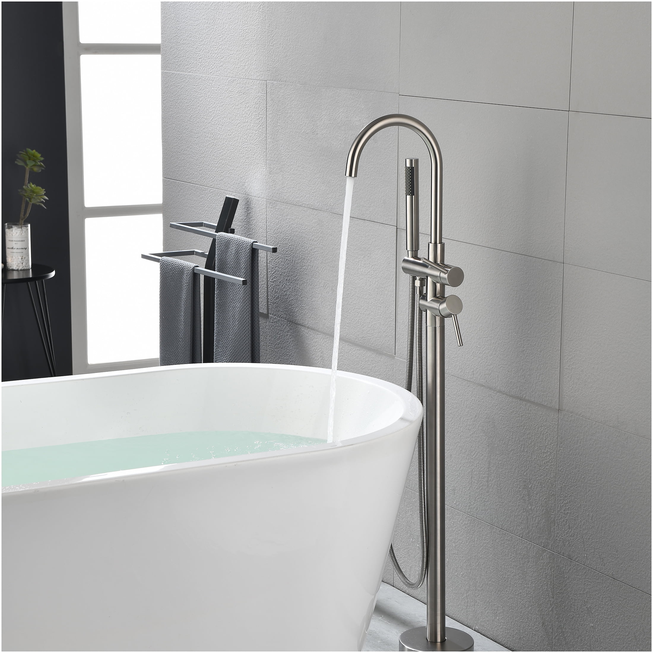 JERFIT Freestanding Tub Filler with Handheld Shower, Floor Mounted Bathtub Faucet in Brushed Nickel, High Flow Swivel Spout for Soaking Tubs
