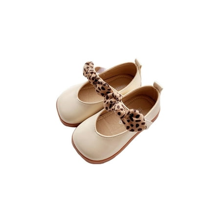 

Colisha Kids Dress Shoes Leopard Bowknot Flats Soft Sole Mary Jane Party Breathable Princess Shoe Magic Tape Loafers Beige 8C