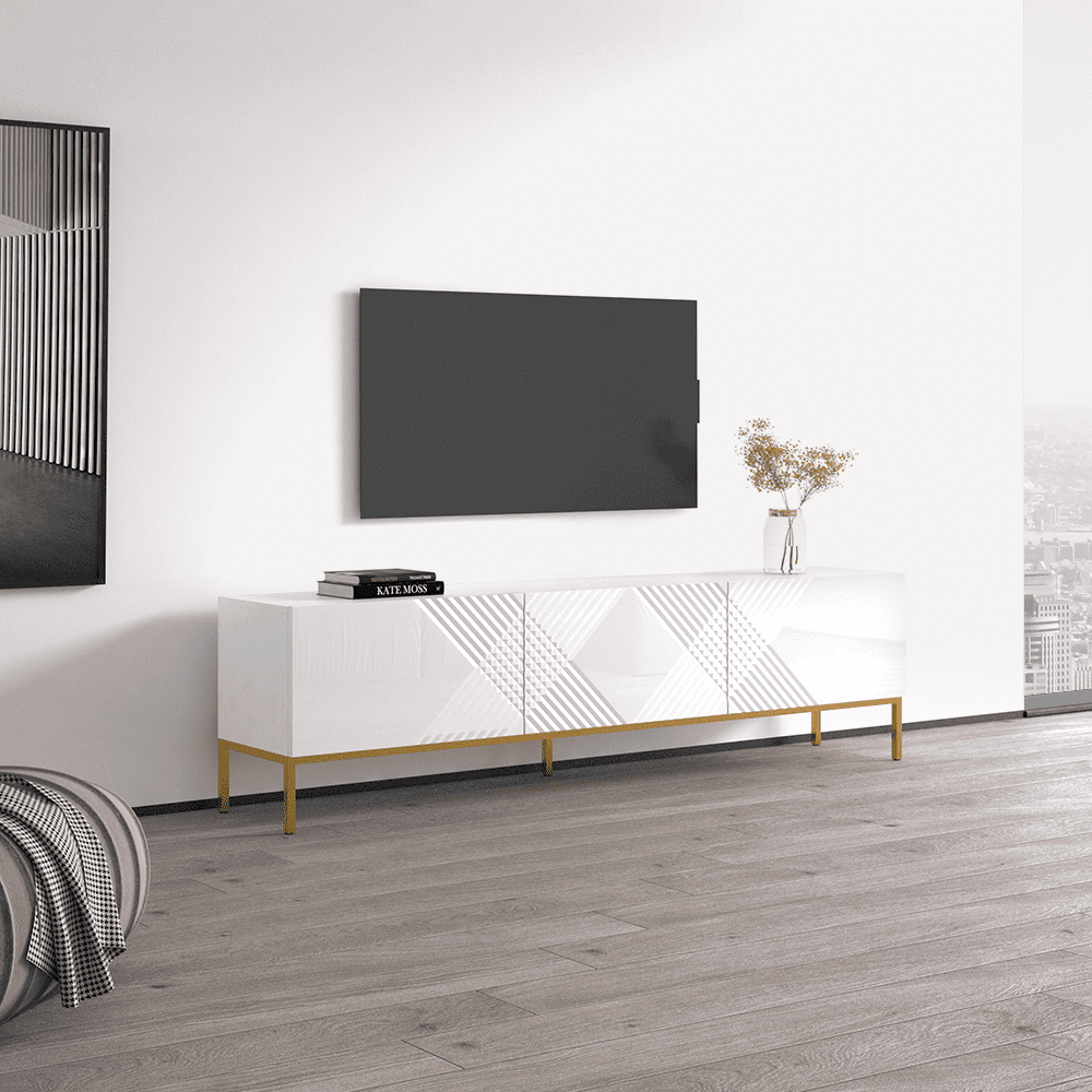 Exito 01 TV Stand for TVs up to 85", Mid-Century Modern High Gloss 75" Entertainment Center, TV Media Console with Storage Cabinets
