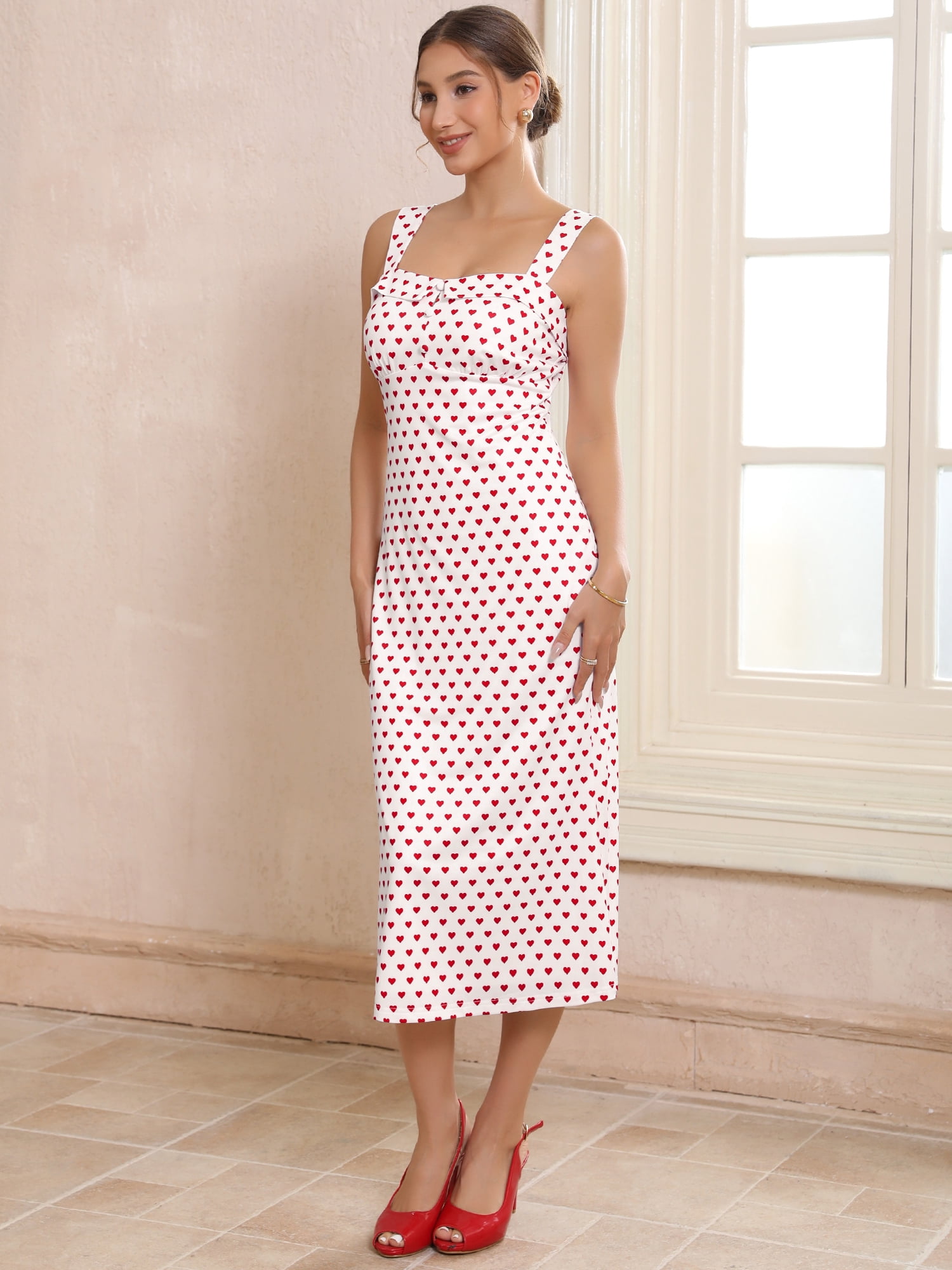 DARING DIVA Women's Heart Dots Sleeveless Square Neck Dress M White