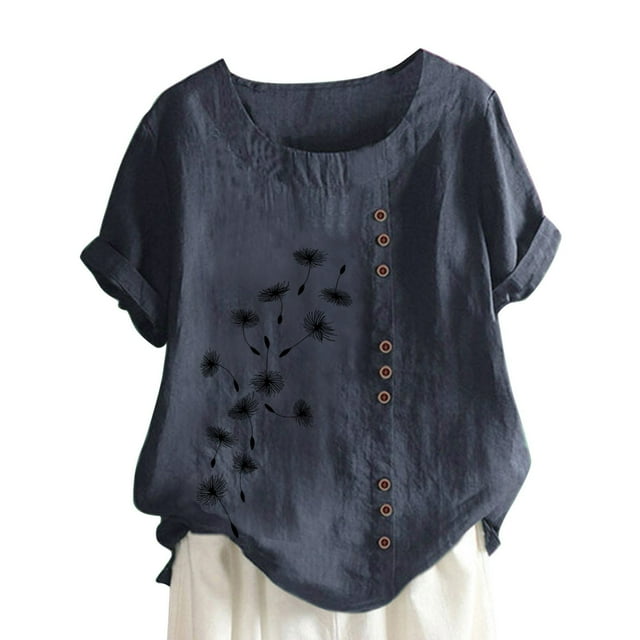 Dealovy Hauts en Coton et Lin pour Femmes, Col Rond, Manches Courtes, T-Shirts Brodés à Motif Floral, T-Shirts Grande Taille