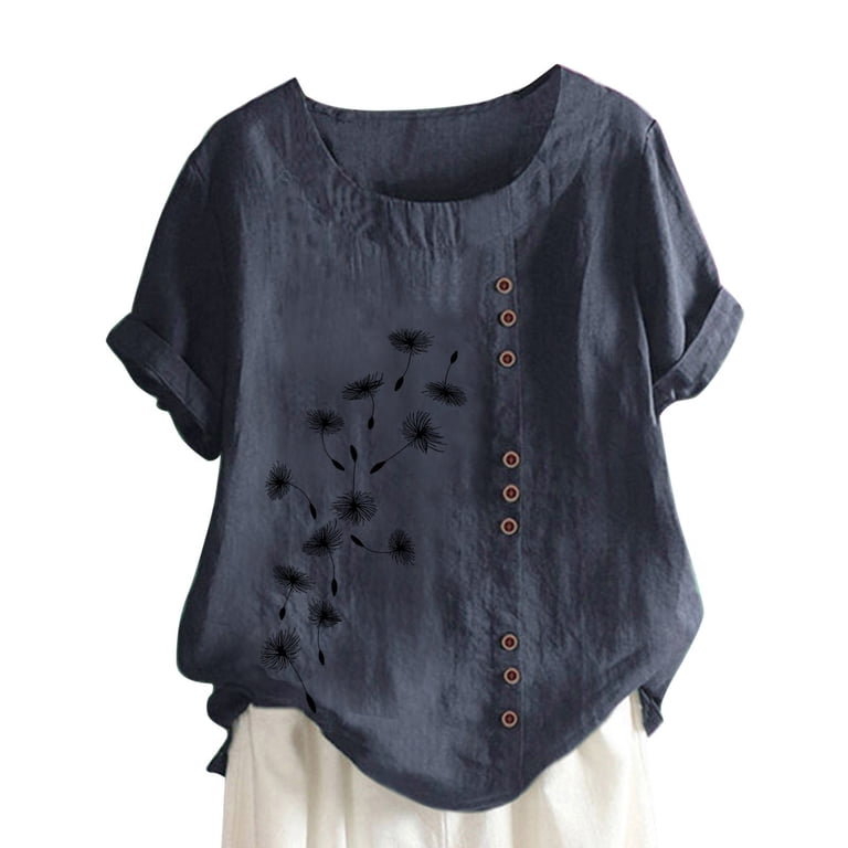 LMKIHUSA Women Summer Cotton Linen Blouse Tops Short Sleeve Crew Neck Buttons Shirts Elegant Floral Print LMKIHUSA Women Summer Cotton Linen Blouse Tops Short Sleeve Crew Neck Buttons Shirts Elegant Floral Print