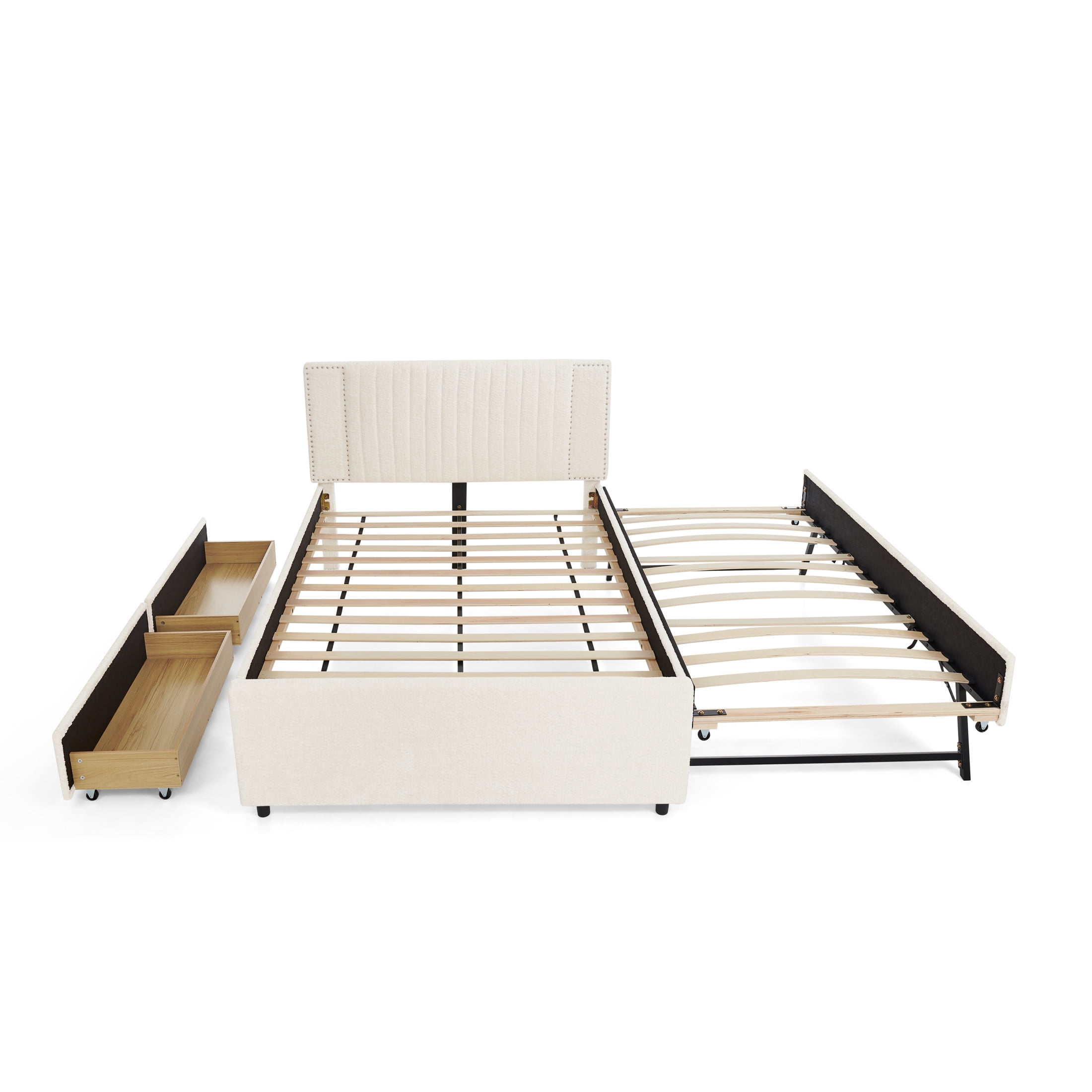 Noble House Luxen Full Chenille Upholstered Bed, Vertical Tufted Daybed with Pull-out Trundle and Storage Drawers, Beige