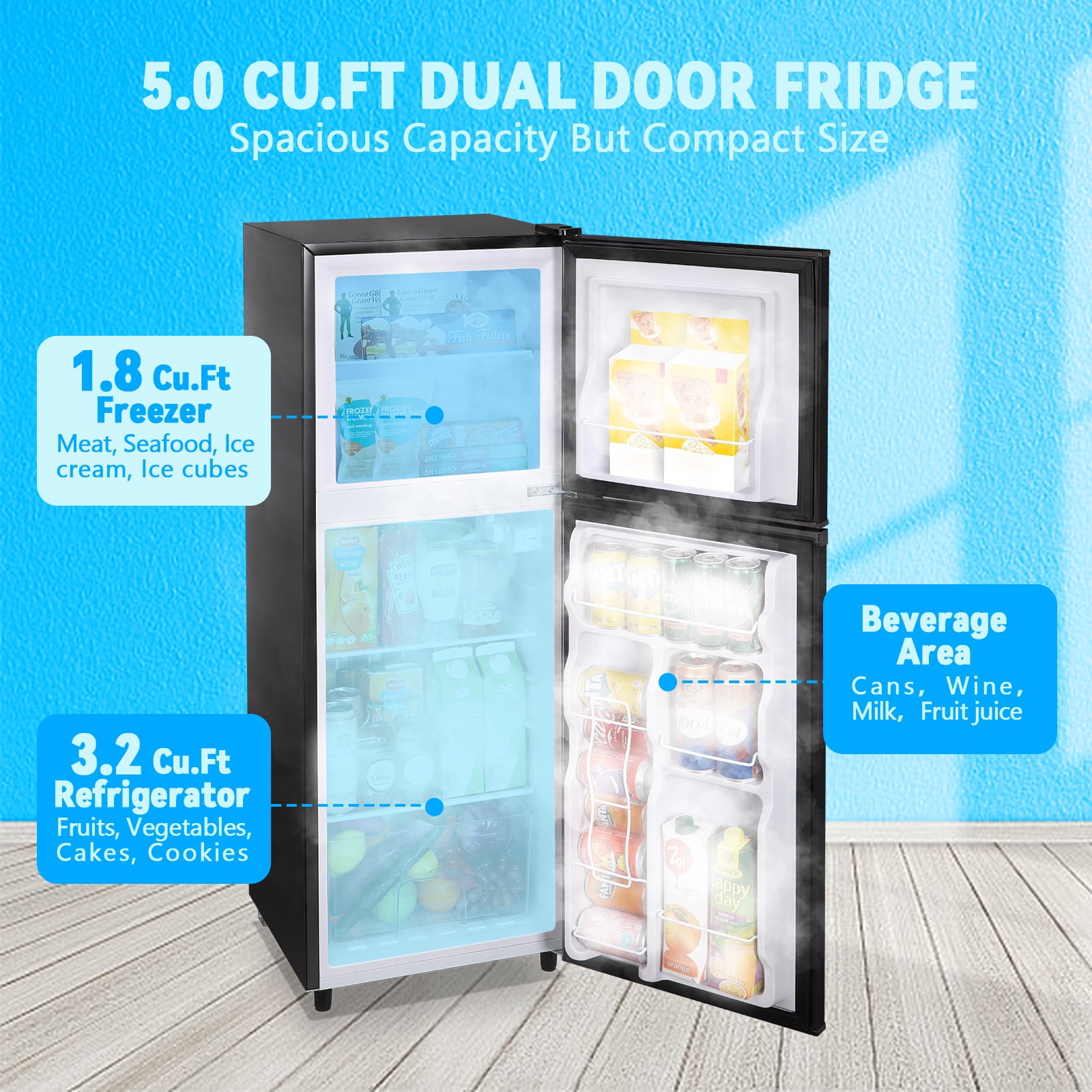 TACOOL Small Refrigerator with Freezer Mini Fridge with Removable Shelves LED Light for Apartment 5.0 Cu.Ft Drak Grey
