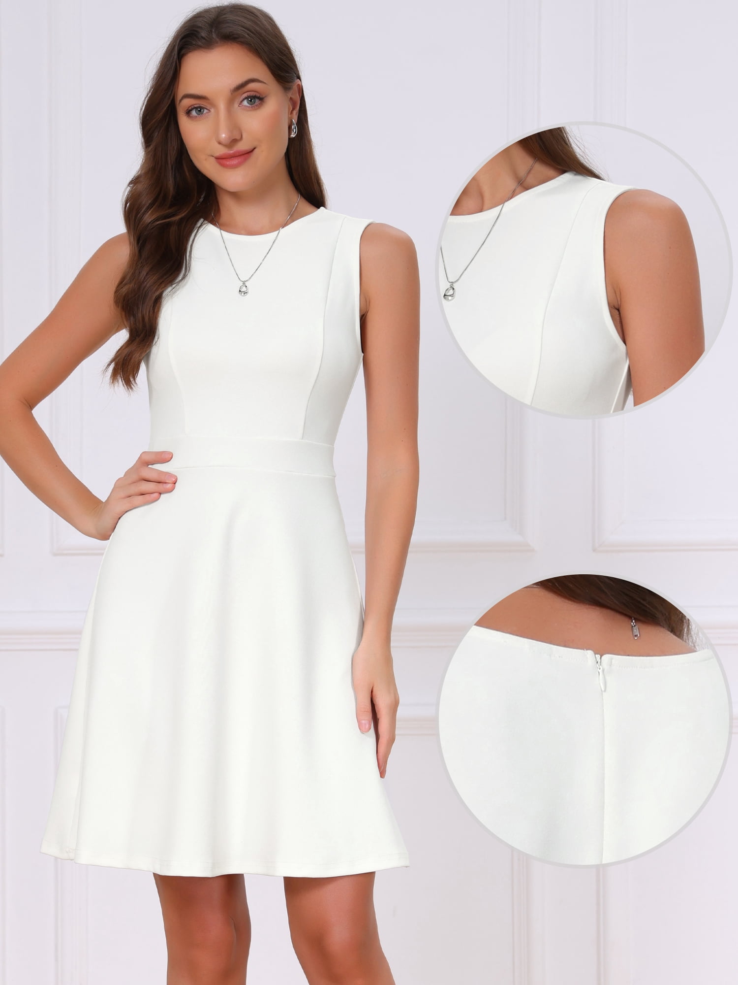 DARING DIVA Women's Elegant Sleeveless A Line Work Dress M Cream White