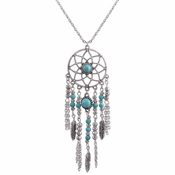 Besufy Boho Dreamcatcher Feather Turquoise Tassel Chain Charm Necklace Women Jewelry