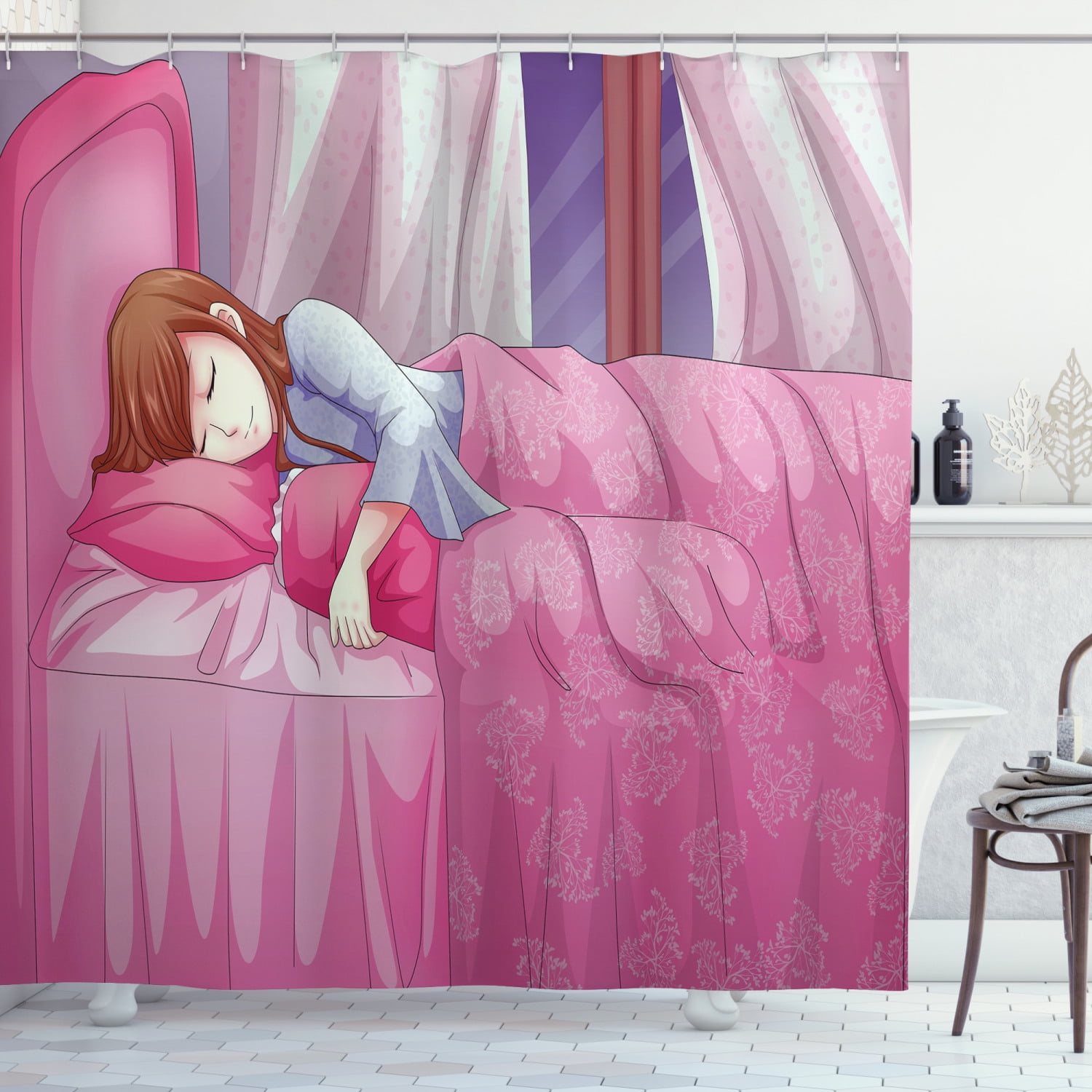 Anime Shower Curtain, Cartoon Illustration of a Sleeping Girl Japanese