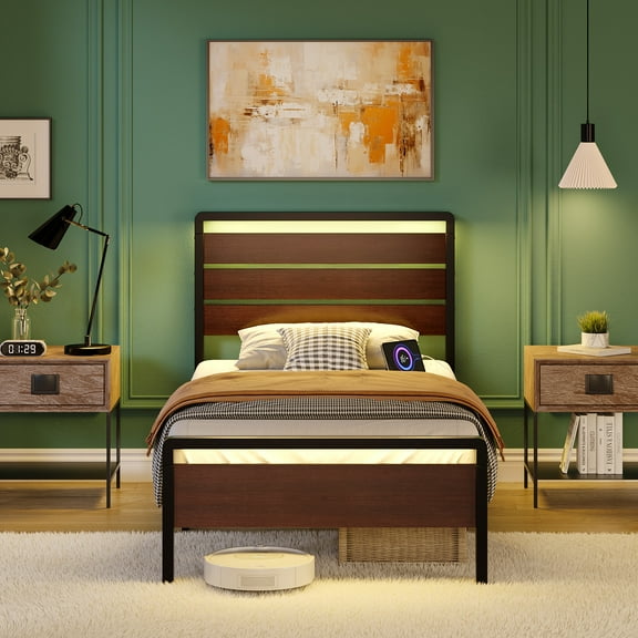 Ktaxon Twin Size Bed Frame with LED Headboard & Footboard, Metal Platform Bed with Charging Station, Rustic Red Brown