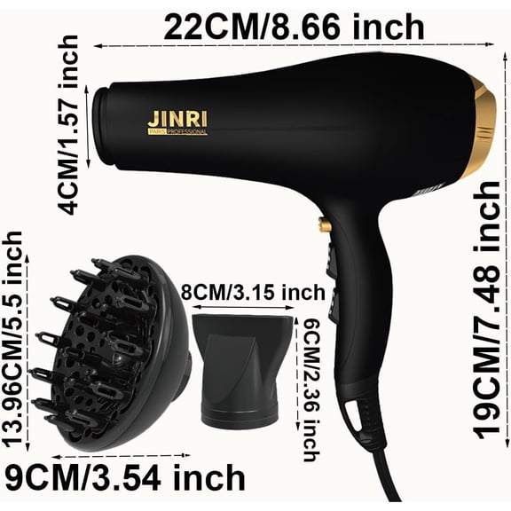 2000W Hair Dryer with Diffuser and Nozzle - Professional Salon Blow Dryer for Women & Men, Fast Drying Ionic Technology, Black
