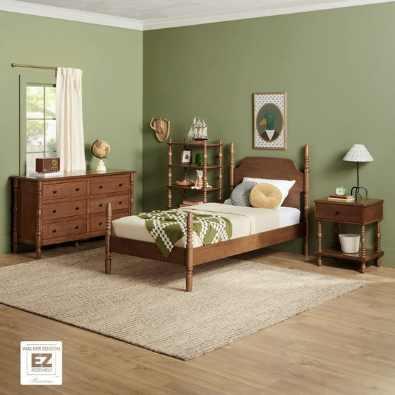 Walker Edison Vivienne Easy Assembly 4-Piece Solid Wood Bedroom Set with Twin Bed Frame, 1-Drawer Nightstand, 6-Drawer Dresser, and Short Bookshelf - Dark Brown