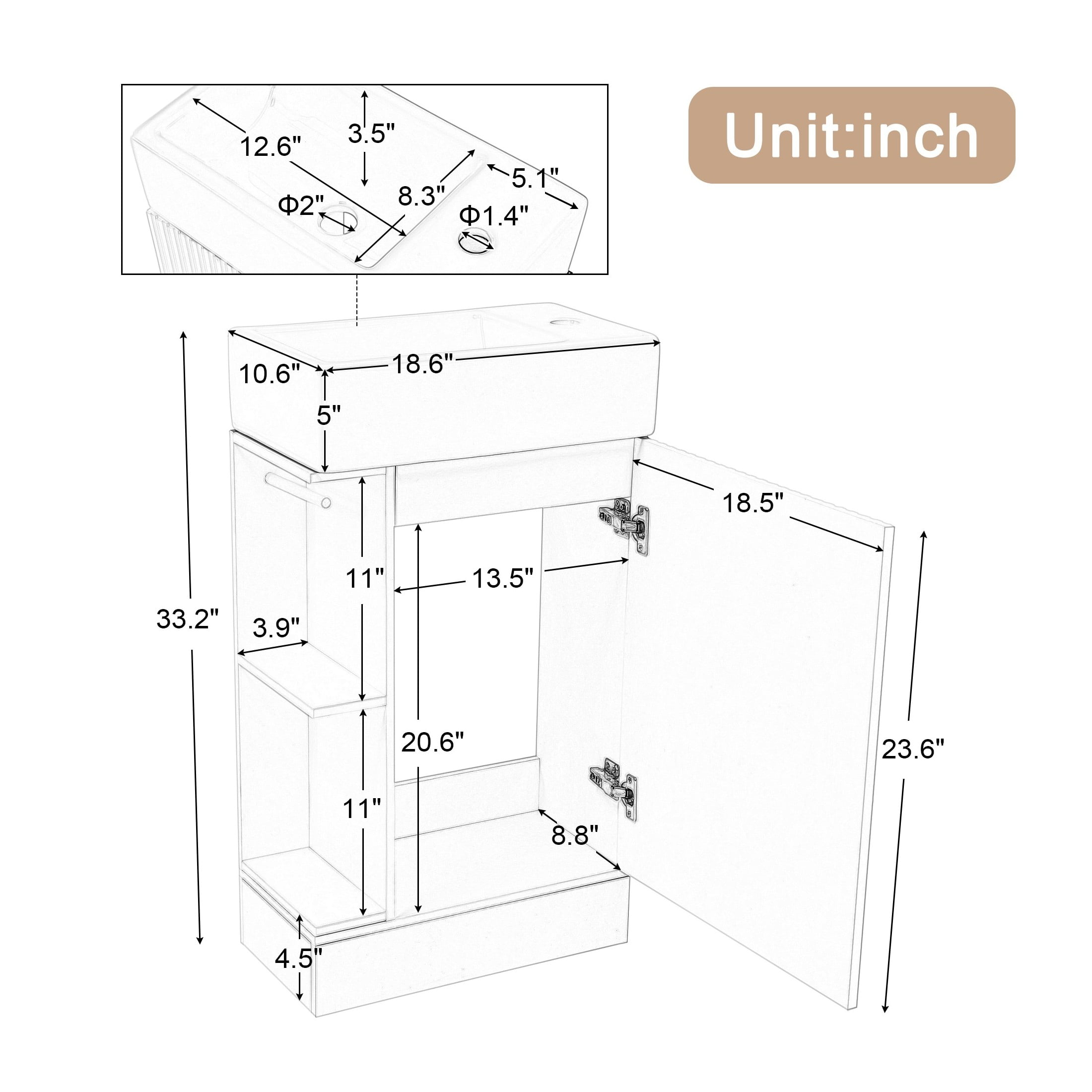 GDF Studio 18.6" Bathroom Vanity with Sink, MDF Cabinet with 2-Tier Shelf, Left/Right Orientation, Black