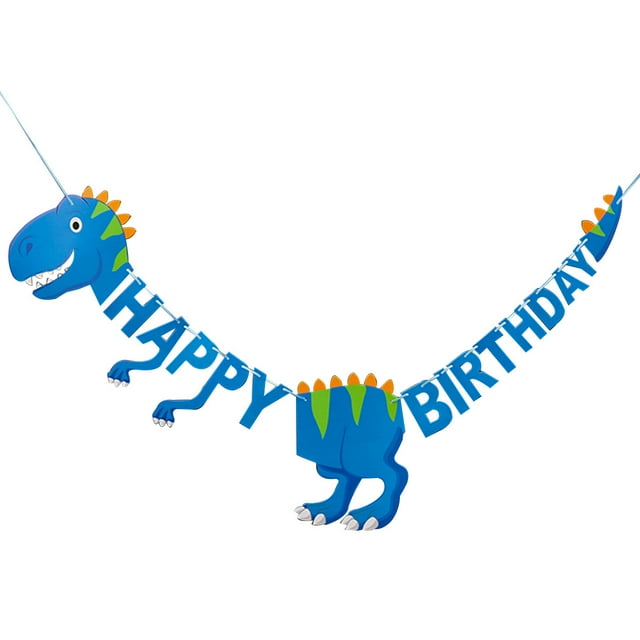 Banderines de feliz cumpleaños de dinosaurio, suministros de decoración para fiestas de cumpleaños (azul)