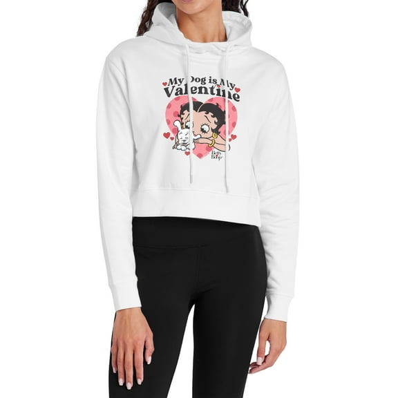 Betty Boop My Dog is My Valentine Women's Cropped Hoodie Pullover Sweatshirt, White, 2X-Large