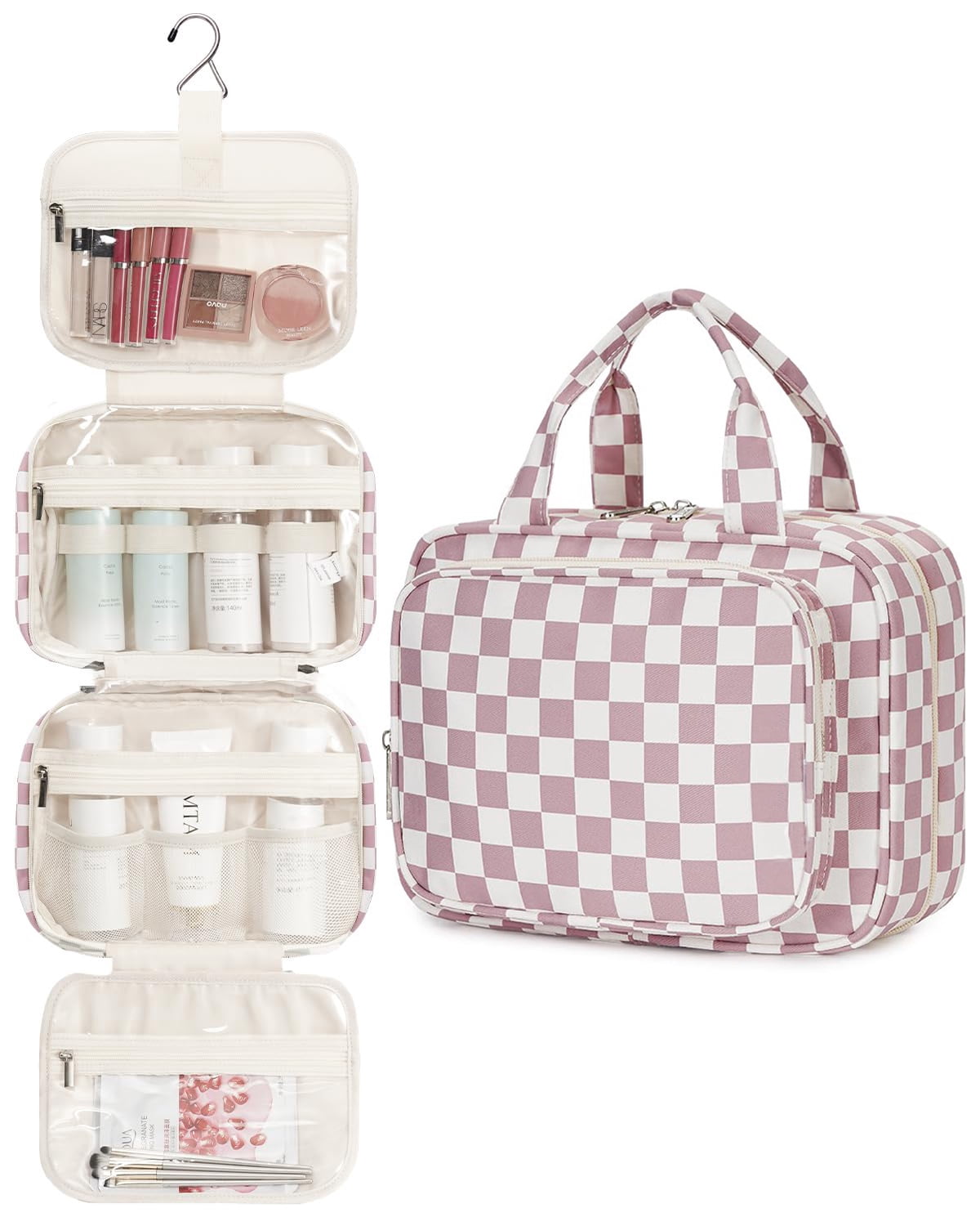Checkerboard Hanging Travel Toiletry Bag with Hook, Makeup Bags for Women Cosmetic Organizer Toiletries for Brush Shampoo Travel Essentials, Pink