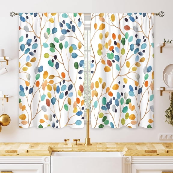 Colorful Leaf Floral Small Kitchen Curtains Leaf Botanical Window Treatment Flower Autumn Cafe Short Window Curtains for Bathroom Dining Room Botanical Fall Tier Treatment Drapes 27.5x39 inch