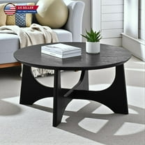 Hassch 36-Inch Round Coffee Table with Cross-Designed Legs, Birch Veneer MDF with Black Finish, Modern Center Table for Living Room