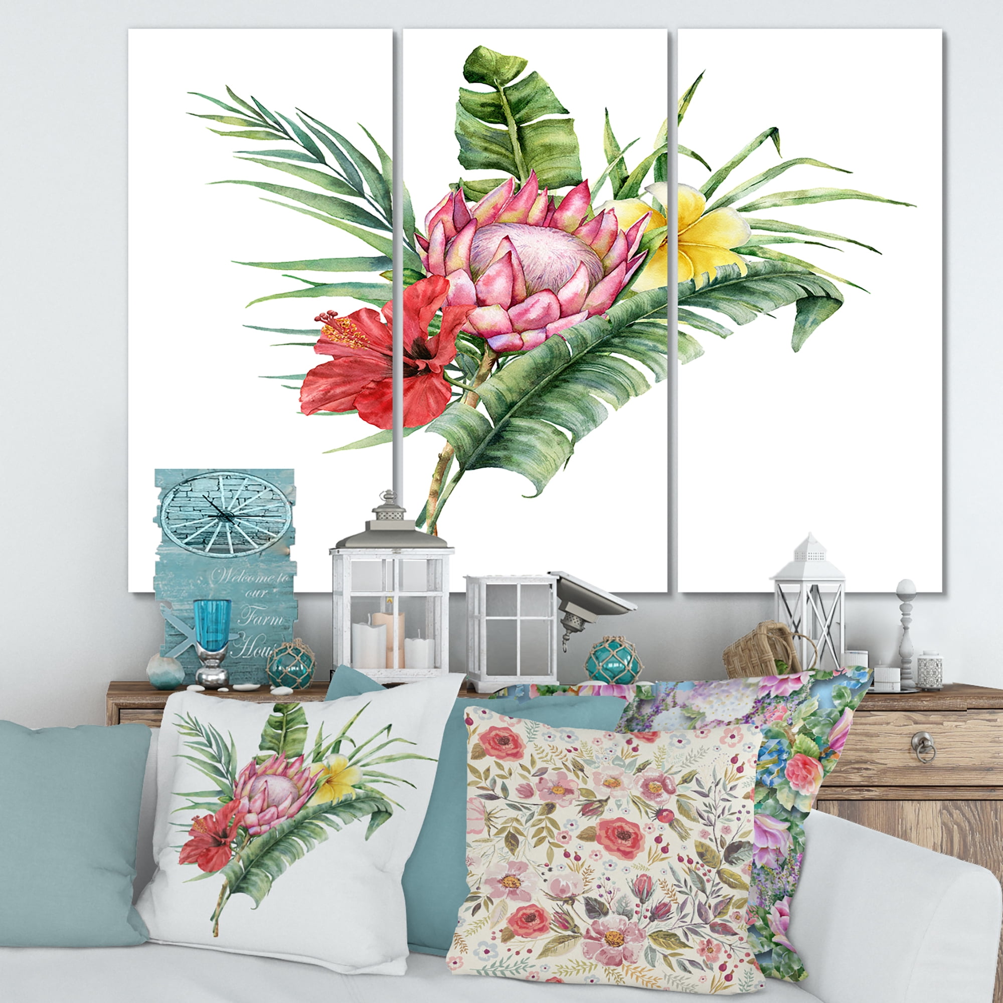 Designart ' Flowers Bouquet With Protea Plumeria Hibiscus ' Traditional Canvas Wall Art Print