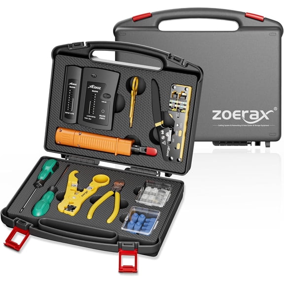 ZoeRax 11-in-1 Professional RJ45 Network Tool Kit Includes Pass-Through Crimper, RJ45 Tester, Punch Down Tool, Stripper, Cutter, and Cat6 Connectors