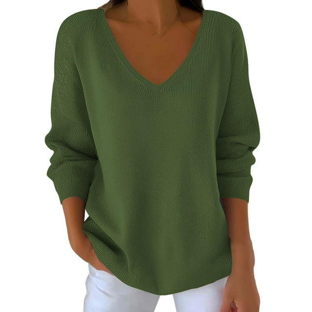 HAiming Womens Knit Sweater Long Sleeve V Neck Lightweight Solid Color Loose Ribbed Pullover Tops Trendy Clothes