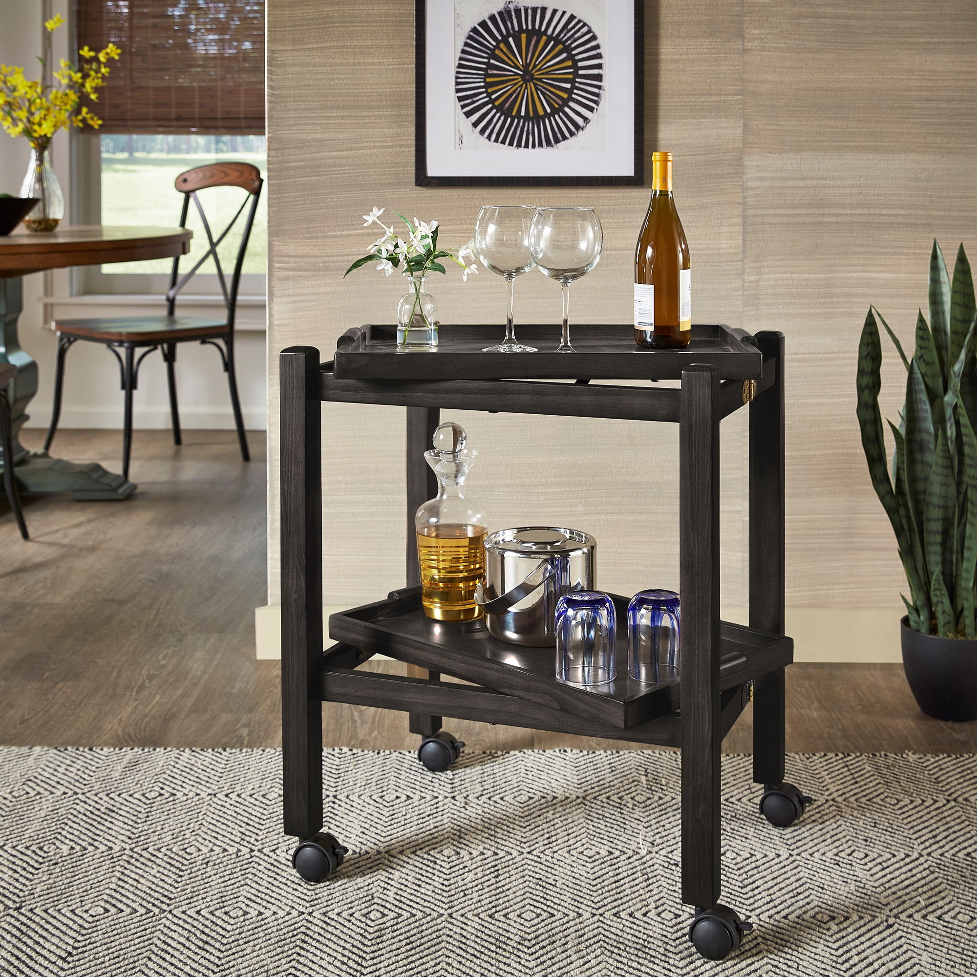 Weston Home Telluride Wood Finish Folding Bar Cart with Two Detachable Trays, Black Finish