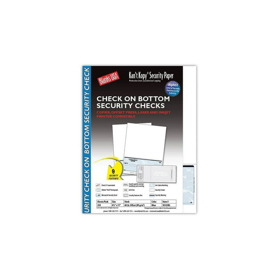 Kan't Kopy Blank/USA 8 1/2" x 11" 60 lbs. Security Check on Bottom Paper Void Blue 250/Pack