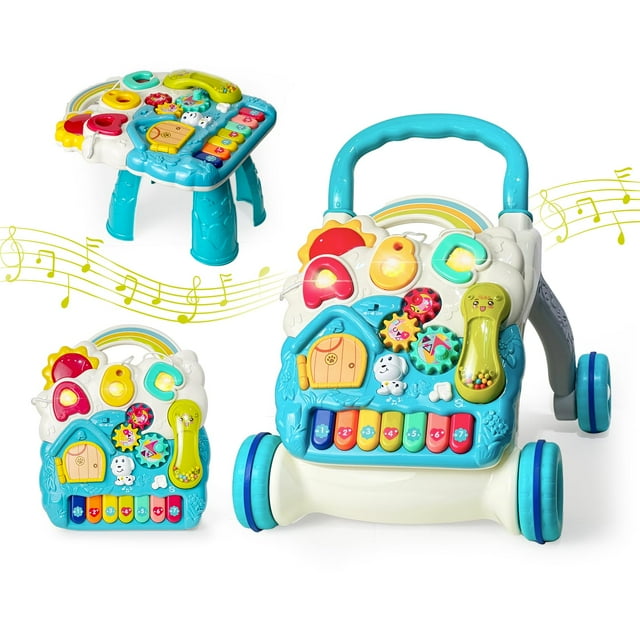 andador para bebé cuterabit, de sentarse a ponerse de pie, con música, +6 meses andador y centro de actividades 2 en 1 en azul y blanco; vista frontal 3/4 con tablero desmontable que muestra piano de teclas de colores, engranajes giratorios, piezas de encaje y teléfono de juguete, asiento acolchado, asa de empuje y ruedas con anillo antideslizante en estructura triangular estable; función musical integrada, apto desde 6 meses para jugar sentado y desde 9 meses para practicar ponerse de pie; también se usa como mesa de actividades portátil para juego sentado.