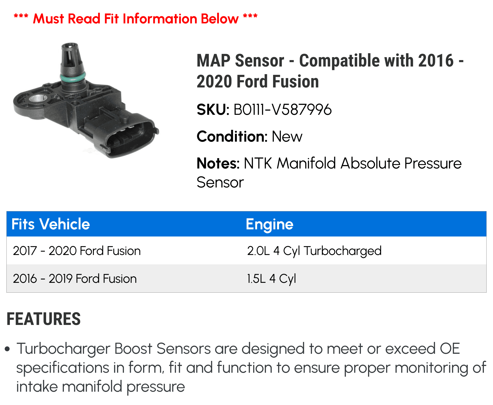 MAP Sensor - Compatible with 2016 - 2020 Ford Fusion 2017 2018 2019