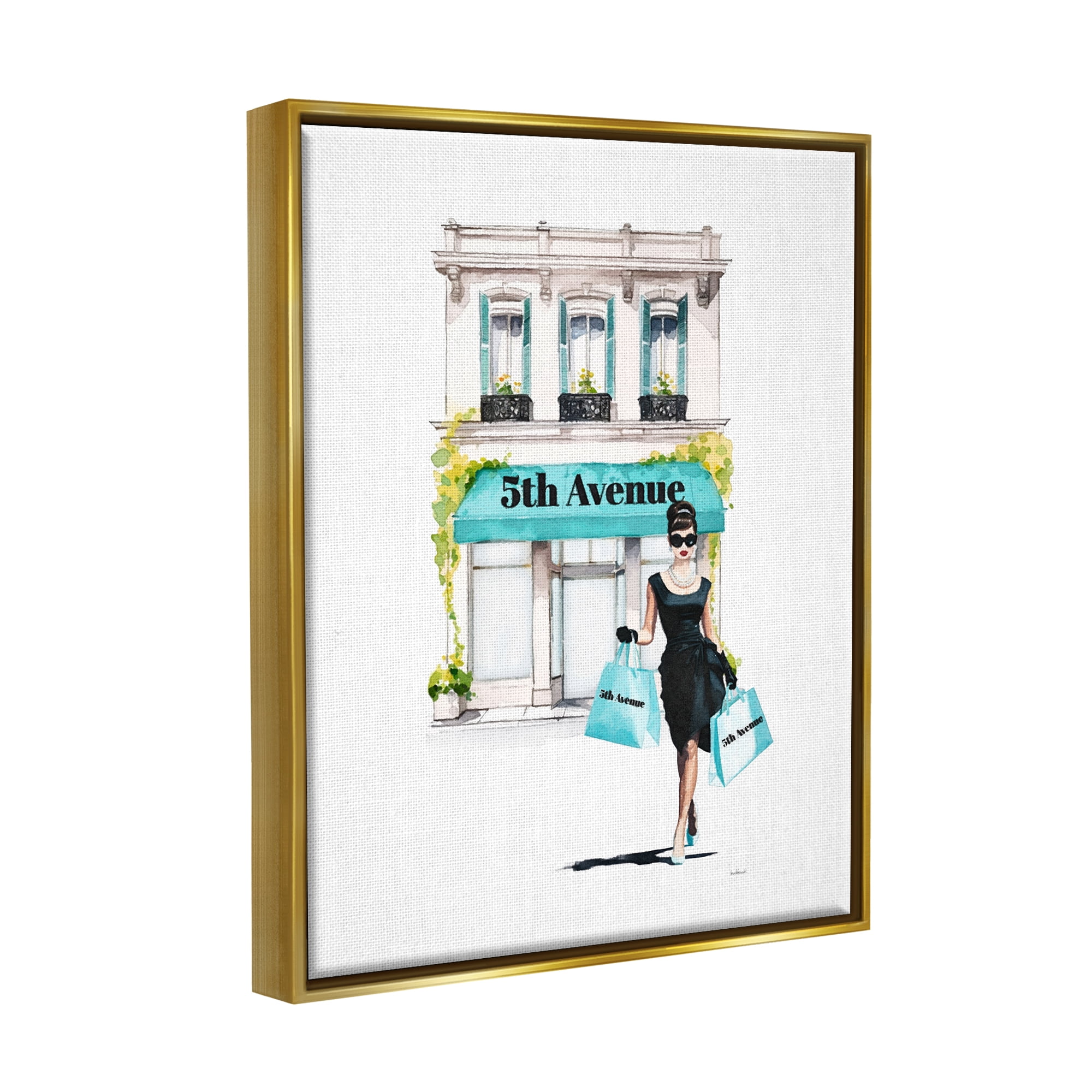 Stupell Industries Fashionista with Shopping Bags Beauty & Fashion Painting Gold Floater Framed Canvas Art Print Wall Art, 17 x 21