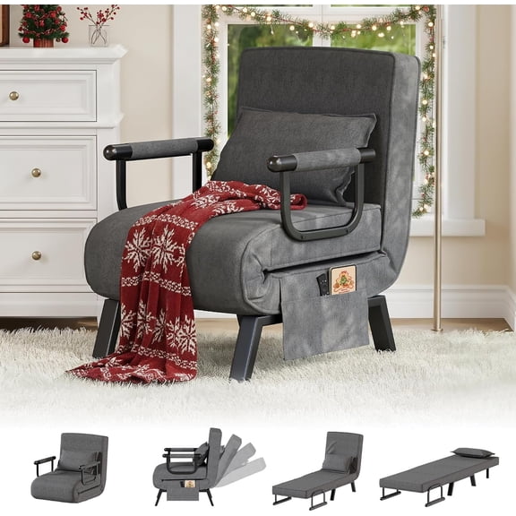 LAZZO Convertible Sleep Chair Bed, Multi-Function Folding Sleeper Sofa with Adjustable Backrest, Side Storage Pockets and Pillow, Dark Gray