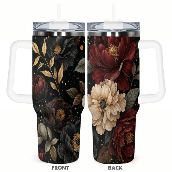 40oz Burgundy Black Floral Travel Tumbler with Handle and Straw Lid Gold Accent Insulated Car Coffee Cup Gift for Women