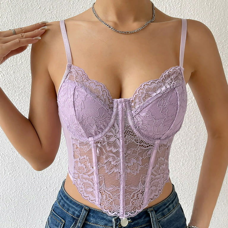 RQYYD Reduced Women's Lace Trim Corset Spaghetti Strap Asymmetrical Hem  Shapewear Cami Tank Top Going Out Party Corset Bustier Tops Purple XS